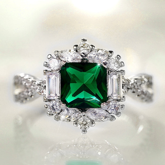 Luxury Women's Emerald Green Princess Cut Cubic Zirconia Wedding Ring, Fashion Engagement Jewelry