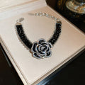 Korean Black Rhinestone Camellia Flower Metal Bangle For Women, Fashion OL Crystal Jewelry view 4