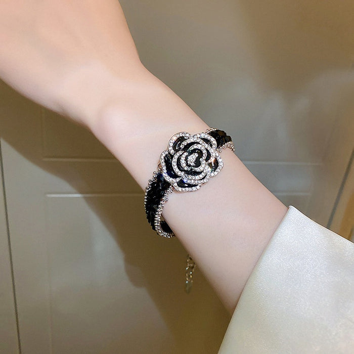 Korean Black Rhinestone Camellia Flower Metal Bangle For Women, Fashion OL Crystal Jewelry