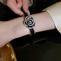 Korean Black Rhinestone Camellia Flower Metal Bangle For Women, Fashion OL Crystal Jewelry view 3