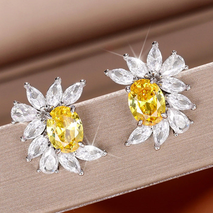 Light Luxury Golden Sparkling Zircon Flower Shape Pave Stud Earrings For Women