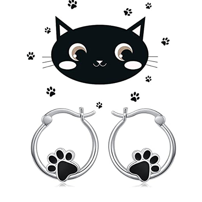 Black Enamel Cute Animal Paw Stud Earrings, Sweet Heart Dog Footprint Cat Paw Ear Jewelry
