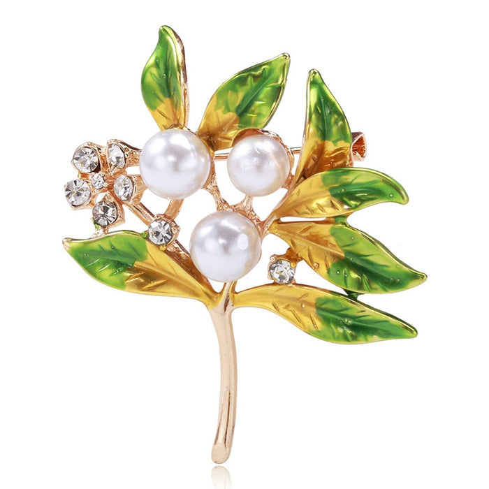 Alloy Enamel Rhinestone Pearl Leaf Brooch Pin For Suit Accessories