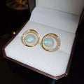 Gold Plated Metal Hoop Earrings With Silver Pins, Zircon Circle And Mermaid Pearl French OL Style view 2