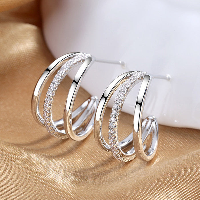 Fashion C-Shaped Hoop Stud Earrings For Women, Multi Layer Three Line Statement Ear Jewelry