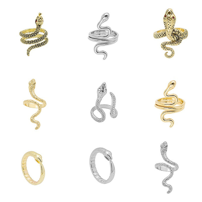 Snake Animal Open Ring Collection Geometric Vintage Plated Rhinestone Adjustable Finger Ring