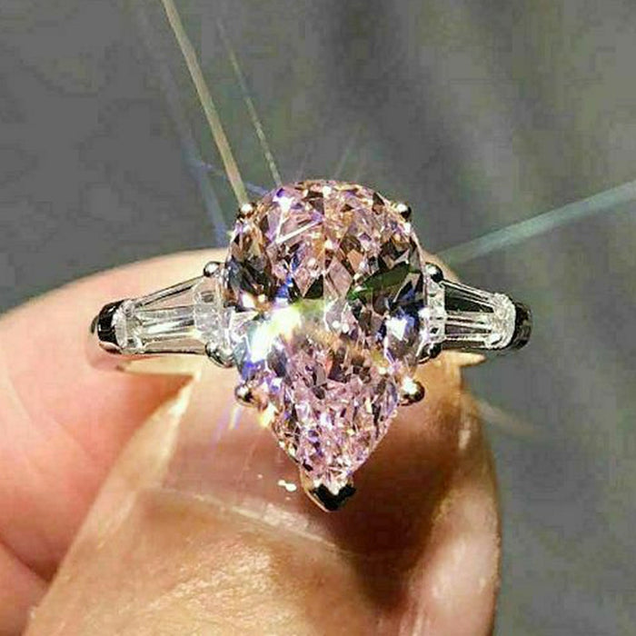 Simple Pink Pear Shaped Teardrop Zircon Ring For Women Elegant Banquet Wedding Finger Jewelry