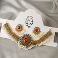 Vintage Oval Red Crystal Rhinestone Pearl Tassel Alloy Statement Necklace Set Drop Earrings view 1