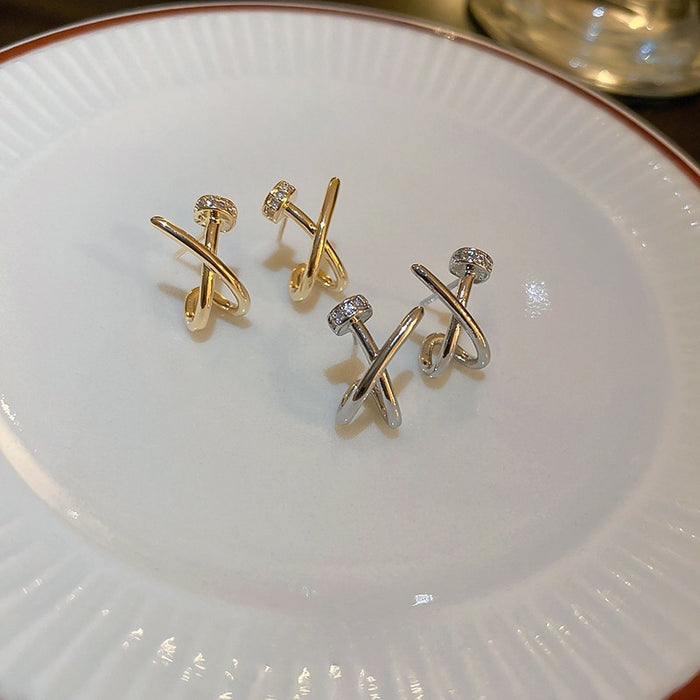 Gold Plated Metal X Cross Zircon Stud Earrings With Silver Pins For Women