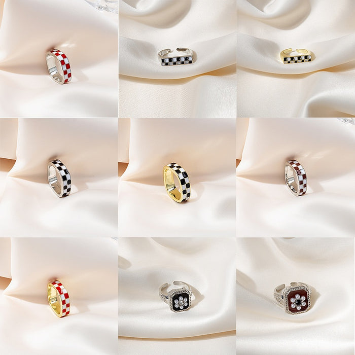 Direct Black White Checkerboard Ring Set With Rhinestone Pearl Square Wide Flower Rings