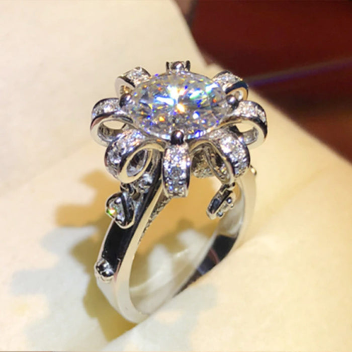 Platinum Color Petal Micro Pave Zircon Ring For Women, Wedding Anniversary Finger Jewelry