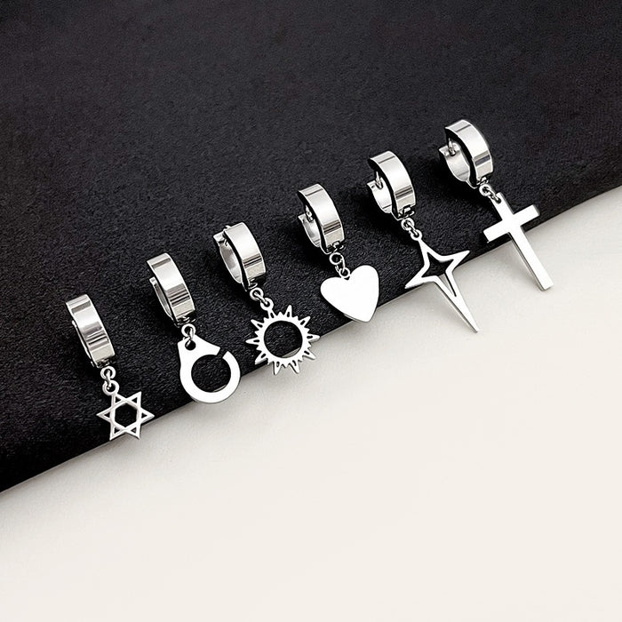 Stainless Steel Hoop Huggie Ear Cuffs With Heart Moon Star Cross Charms Elegant Women's Earrings