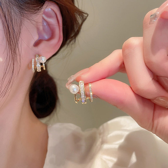 Metal Pearl Zircon Claw Stud Earrings For Women, Korean Japanese Irregular Minimalist Jewelry
