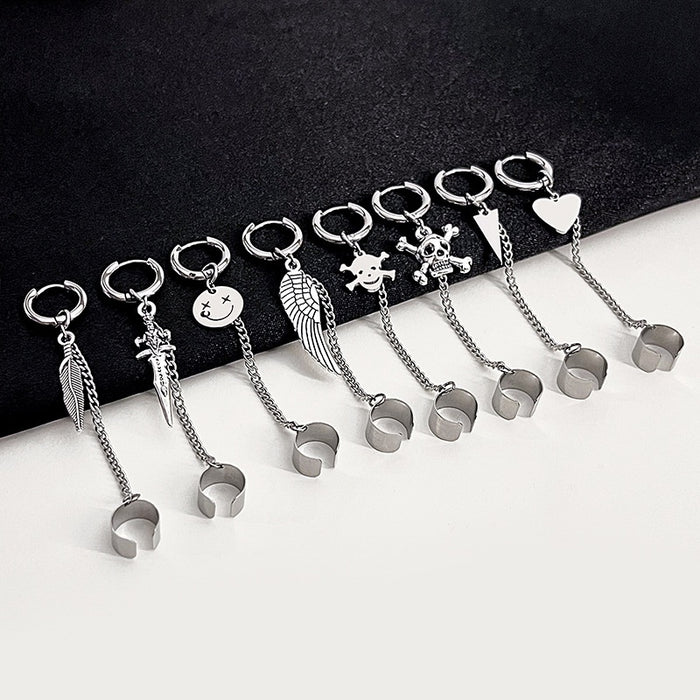 Stainless Steel Leaf Smiley Skull Chain Ear Cuff Clip Hoop Dangle Punk Style Women's Earrings