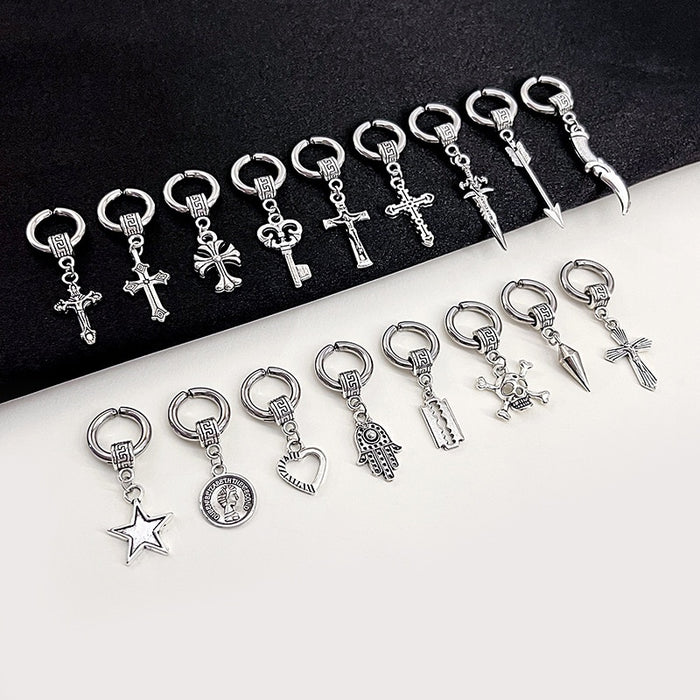 European American No Piercing Stainless Steel Retro Ear Cuff Waterdrop Cross Key Star Face Earrings