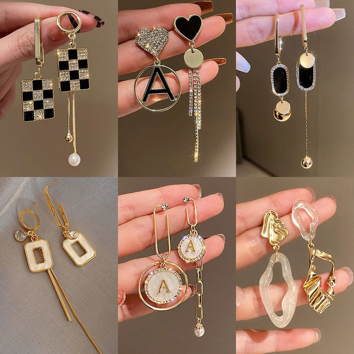925 Sterling Silver Rhinestone Asymmetric Geometric Letter Tassel Drop Earrings For OL Style