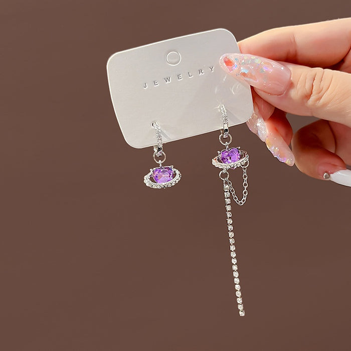 Korean Style Asymmetric Purple Zircon Heart Tassel Chain Rhinestone Ear Cuff Luxury Drop Earrings