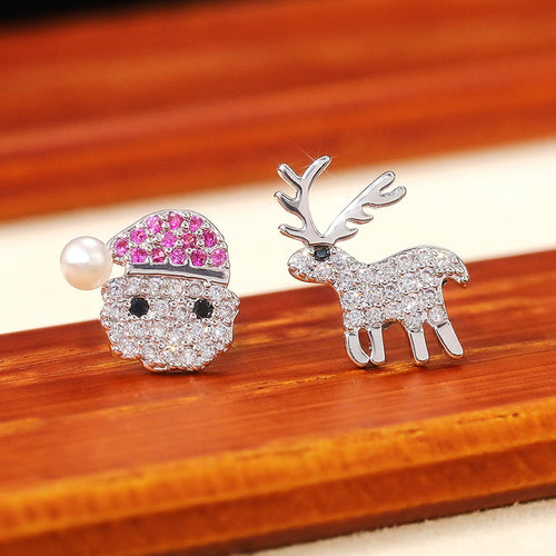 Christmas Gift Full Rhinestone Asymmetric Santa Claus And Reindeer Zircon Stud Earrings