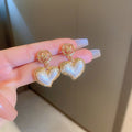 Vintage Metal Heart Stud Earrings With Crinkled Flower Pearl Design For Women view 3