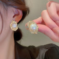Vintage Metal Heart Stud Earrings With Crinkled Flower Pearl Design For Women view 2