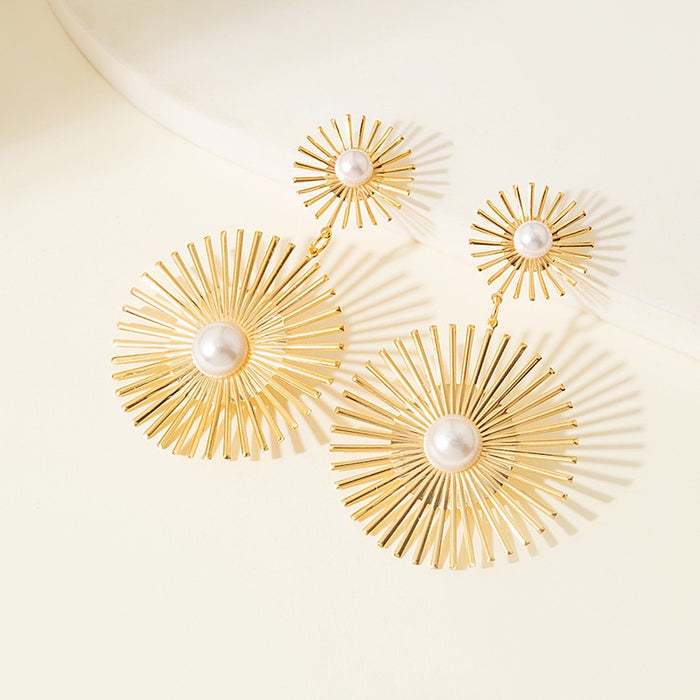 Elegant Gold Alloy Sunburst Radial Wire Statement Drop With Faux Pearl Studs Women's Fashion Earrings