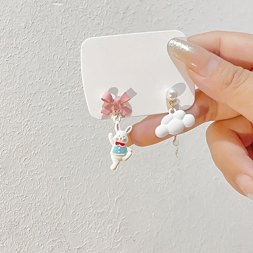 Cute Cartoon Bunny Cloud Asymmetric Chain Pearl Enamel Bow Fluffy Pom Pom Drop Earrings