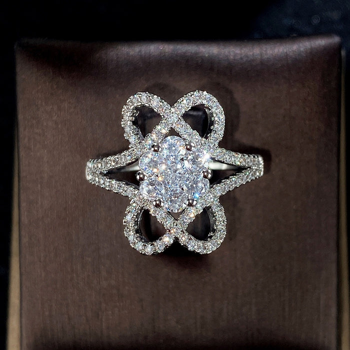 White Gold Plated Full Pave Zircon Flower Ring For Women, Elegant Engagement Jewelry