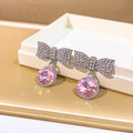 Luxury Rhinestone Bowknot Studs With Dangling Round Crystal Gemstone Tassel Alloy Silver Needle Earrings view 4