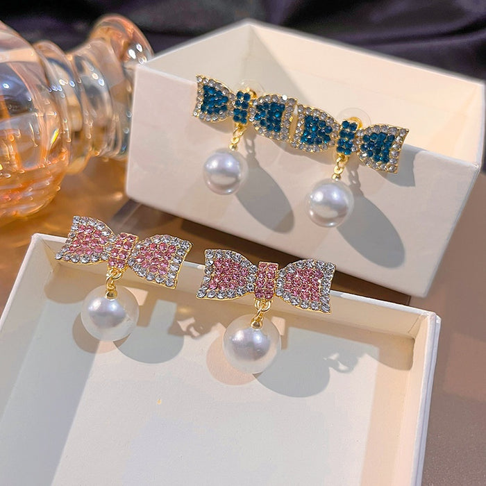 Elegant Korean Style Rhinestone Bowknot Pearl Drop Stud Earrings For Women Luxury Alloy Silver Needle Earrings