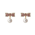 Elegant Korean Style Rhinestone Bowknot Pearl Drop Stud Earrings For Women Luxury Alloy Silver Needle Earrings view 5