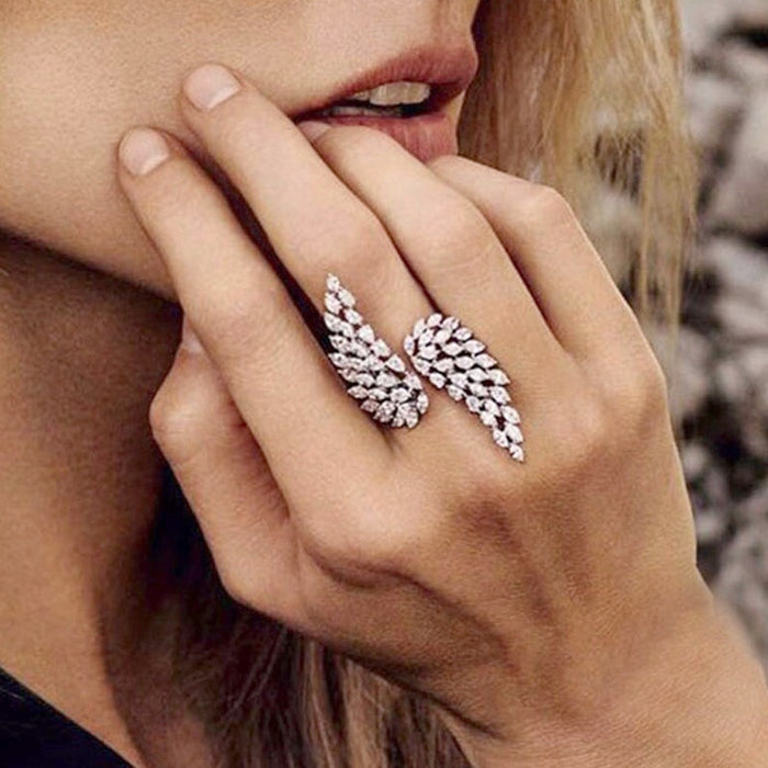 Angel Wing Open Ring With Marquise Zircon Stones, Light Luxury European Fashion Jewelry