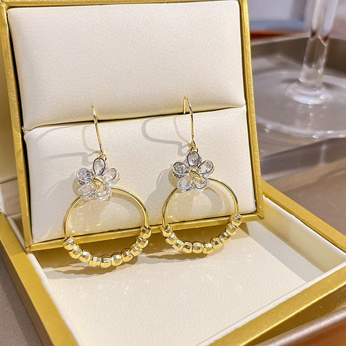 Elegant French Romantic Zircon Flower Round Hoop Alloy Beaded Hook Dangle Women's Fashion Earrings