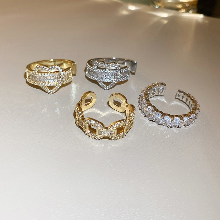 Real Gold Plated Zircon Heart Chain Open Ring For Women