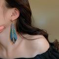 Statement Rhinestone Feather Leaf Metal Hook Earrings For Women Unique Trendy Design view 2