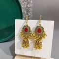 Vintage Gold Alloy Red Crystal Rhinestone Bell Jhumka Dangle Hook Ethnic Bohemian Women's Earrings view 1
