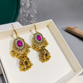Vintage Gold Alloy Red Crystal Rhinestone Bell Jhumka Dangle Hook Ethnic Bohemian Women's Earrings view 3