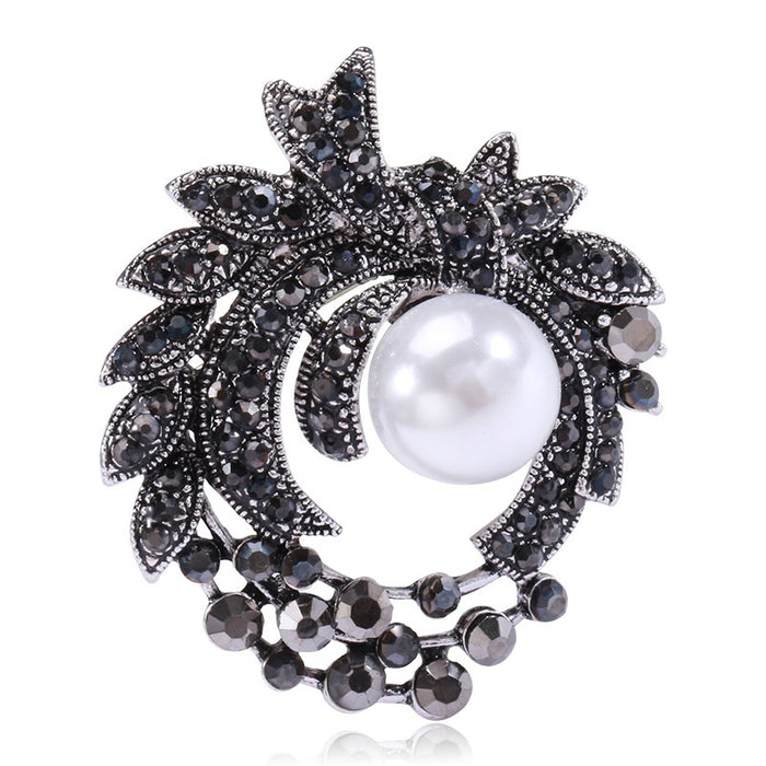Gunmetal Alloy Pearl Rhinestone Brooch Pin For Womens Apparel