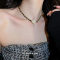 French Vintage Alloy Faux Leather Necklace With Rhinestone Number Pearl Flower Design For Women view 3