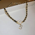 French Vintage Alloy Faux Leather Necklace With Rhinestone Number Pearl Flower Design For Women view 4