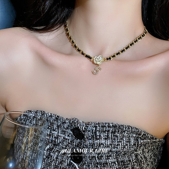 French Vintage Alloy Faux Leather Necklace With Rhinestone Number Pearl Flower Design For Women