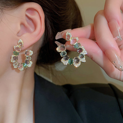 Irregular U-Shaped Zircon Inlaid Metal Stud Earrings Trendy Statement Letter Style Jewelry