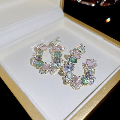 Irregular U-Shaped Zircon Inlaid Metal Stud Earrings Trendy Statement Letter Style Jewelry