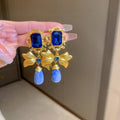 French Vintage Metal Bow Waterdrop Rhinestone Stud Earrings Geometric Elegant Jewelry view 3