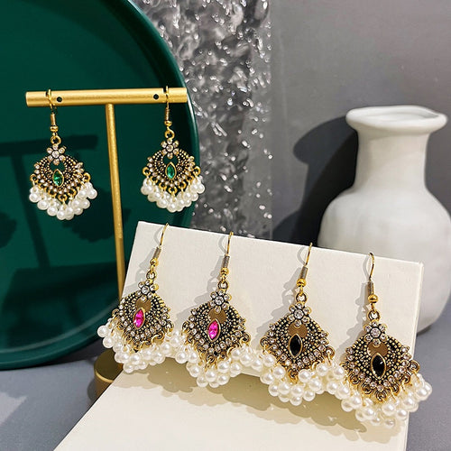 Vintage Hollow Teardrop Alloy Rhinestone Faux Pearl Tassel Elegant Bohemian Hook Dangle Earrings