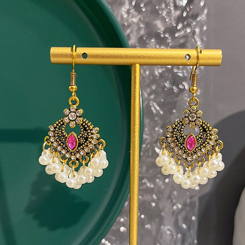 Vintage Hollow Teardrop Alloy Rhinestone Faux Pearl Tassel Elegant Bohemian Hook Dangle Earrings