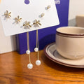 Sterling Silver Needle Bow Flower Tassel Earring Set, Zircon Heart Pearl Stud Earrings 3 Pairs view 3