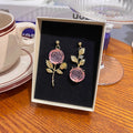 Elegant French Romantic Pink Rose Flower Asymmetric Cat Eye Stone Gold Alloy Drop Stud Earrings view 4