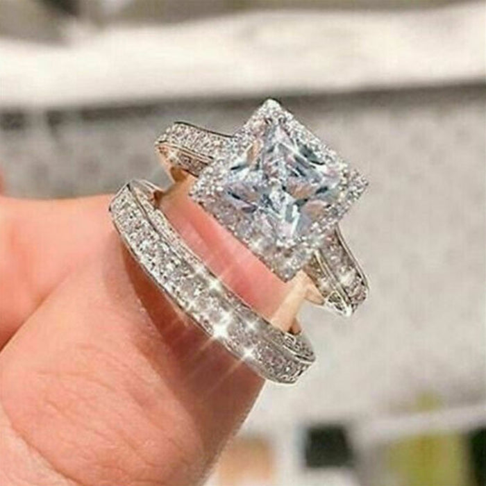 Women's Square Cut Cubic Zirconia Bridal Ring Set, European Style Creative Engagement Couple Rings