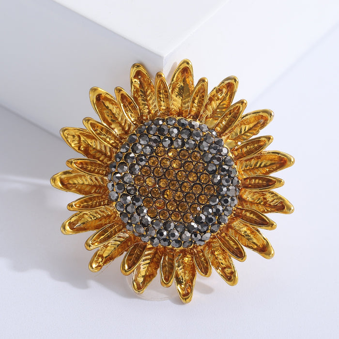 Alloy Enamel Sunflower Brooch Pin With Rhinestones For Garment Decoration
