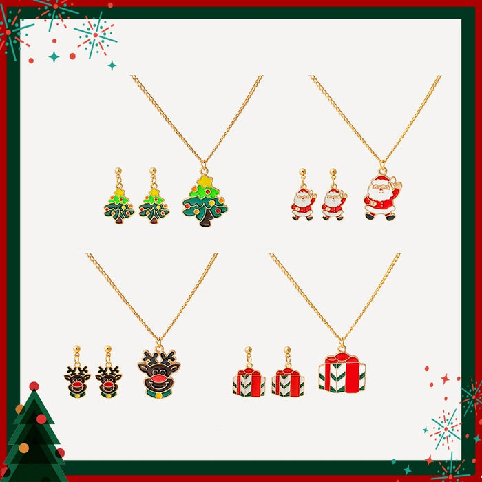 Christmas Cartoon Reindeer Santa Tree Gift Box Enamel Alloy Stud Jewelry Set For Women Earrings